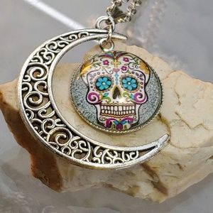 Sugar Skull Suspended in Crescent Moon Necklace